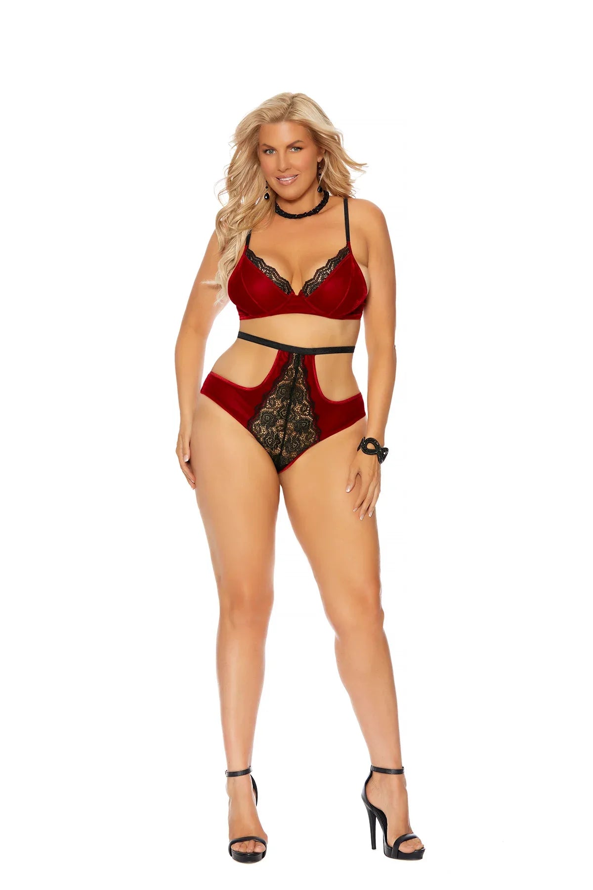 Elegant Moments Velvet and lace bra with underwire cups adjustable straps and hook and eye back closure Burgundy - Elegant Moments - Flyclothing LLC