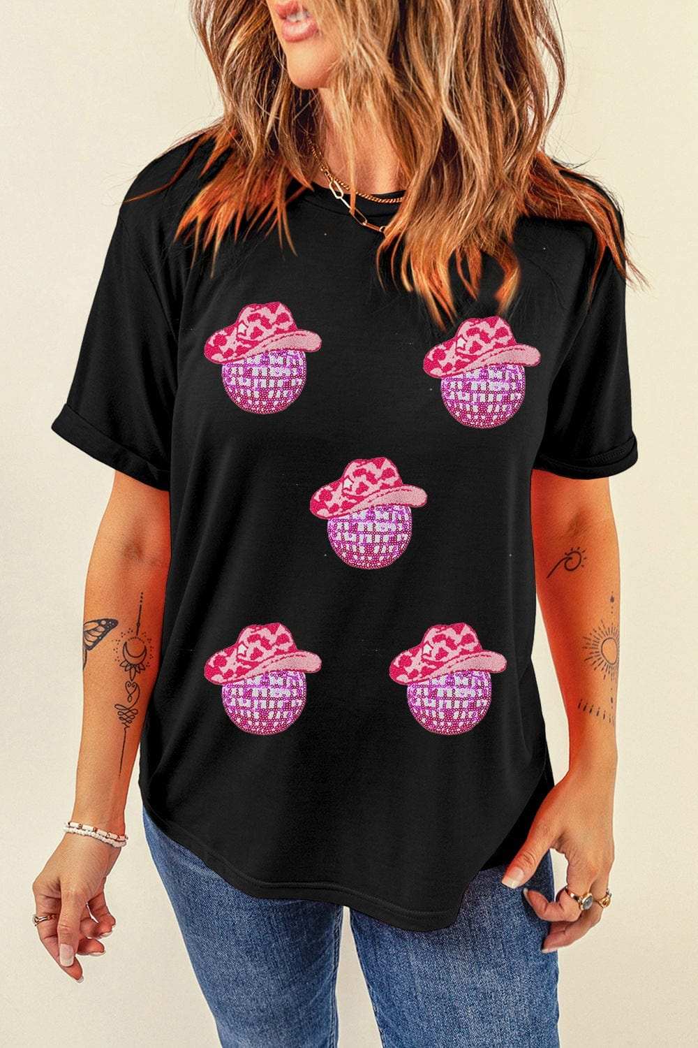 Cowboy Hat Disco Ball Patched Round Neck T-Shirt - Trendsi - Flyclothing LLC