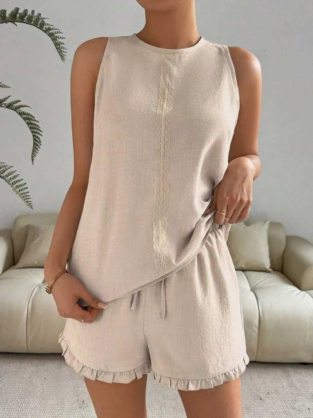 Lace Detail Round Neck Tank and Shorts Set - Trendsi - Flyclothing LLC