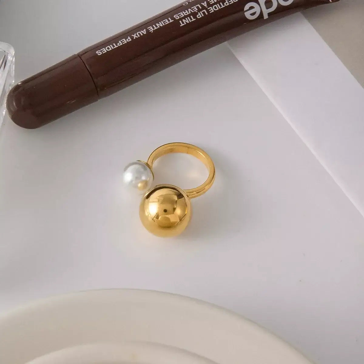 18K Gold-Plated Orb & Pearl Open Ring - Trendsi - Flyclothing LLC