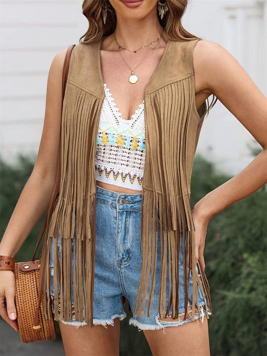 Fringe Open Front Vest Coat - Trendsi