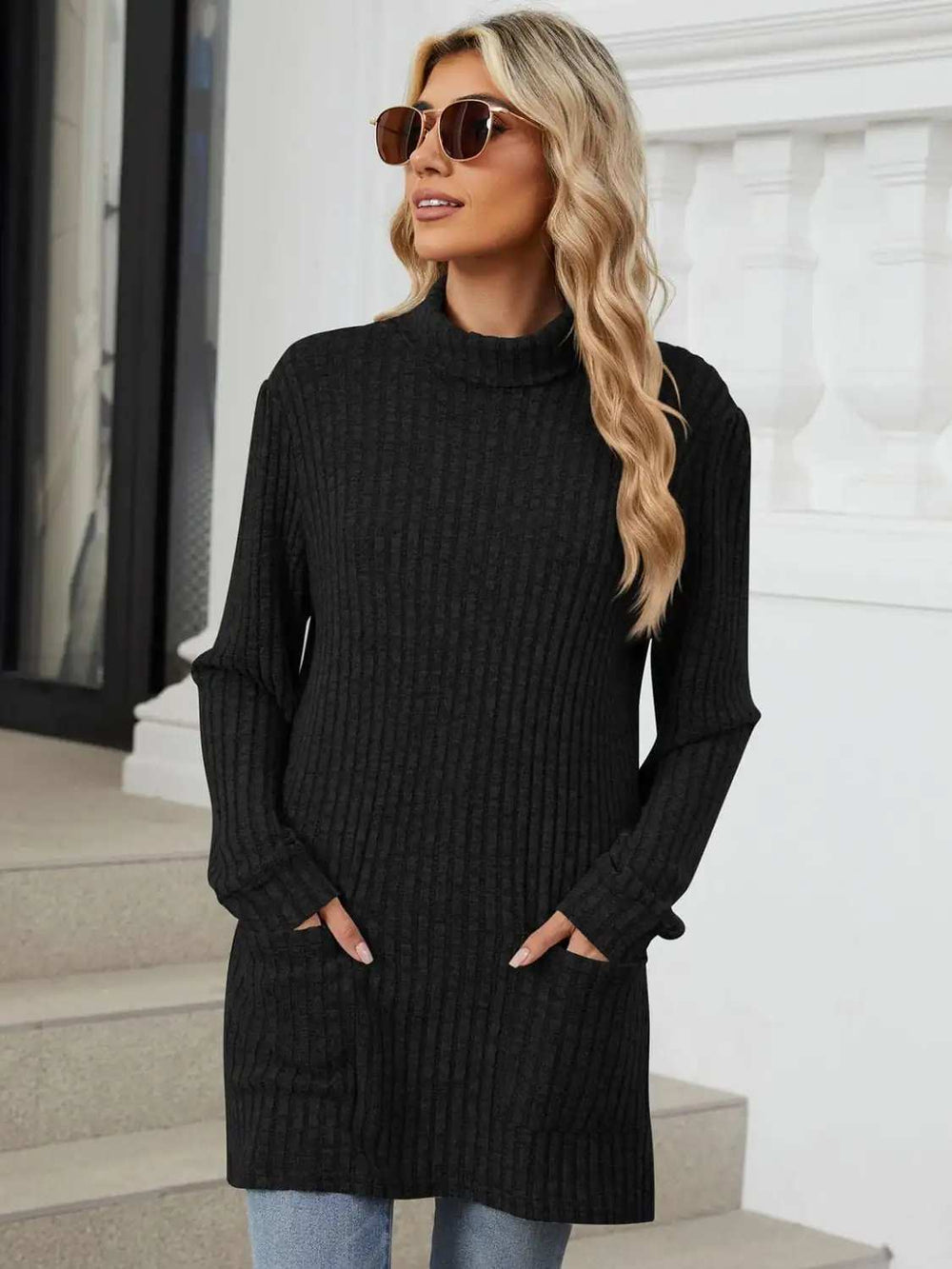 Ribbed Mock Neck Long Sleeve T-Shirt - Trendsi - Flyclothing LLC