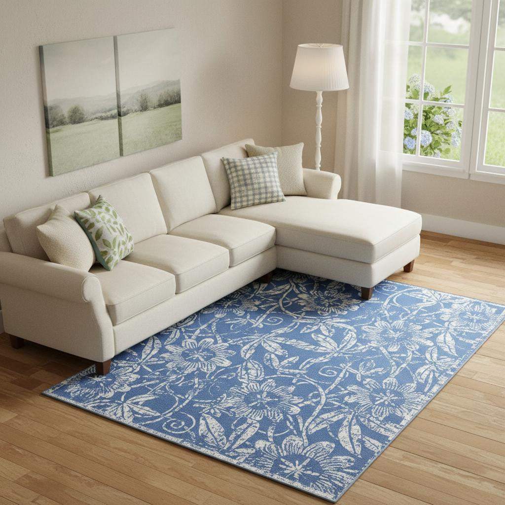 8' X 10' Blue And Ivory Floral Distressed Area Rug - HomeRoots - Flyclothing LLC