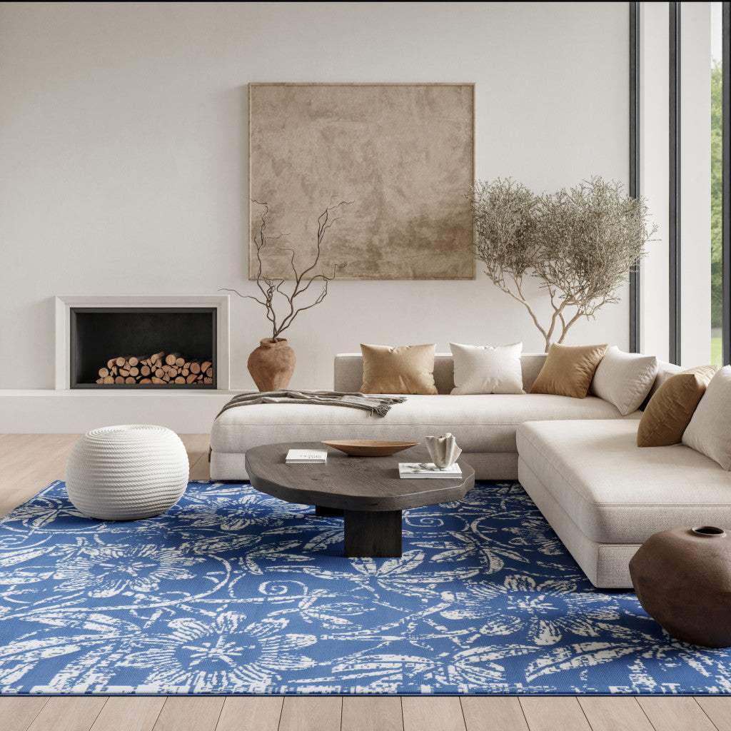 8' X 10' Blue And Ivory Floral Distressed Area Rug - HomeRoots - Flyclothing LLC