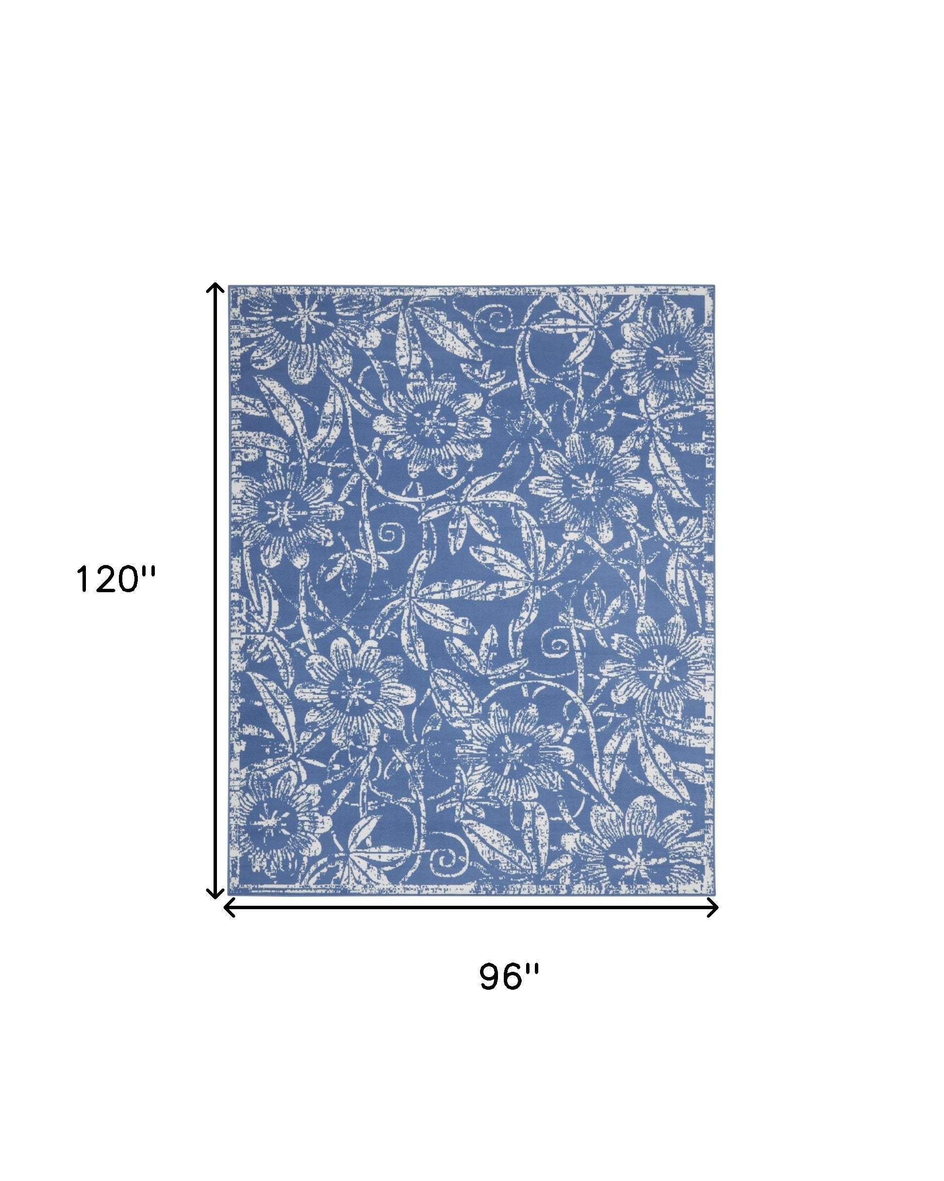 8' X 10' Blue And Ivory Floral Distressed Area Rug - HomeRoots - Flyclothing LLC