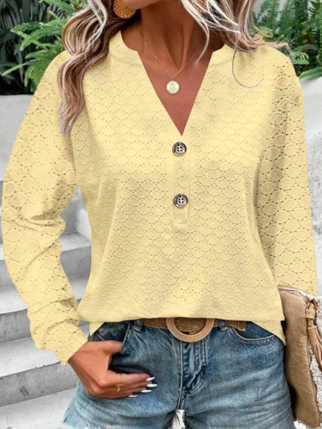 Eyelet Notched Long Sleeve T-Shirt - Trendsi - Flyclothing LLC