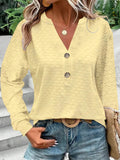 Eyelet Notched Long Sleeve T-Shirt - Trendsi