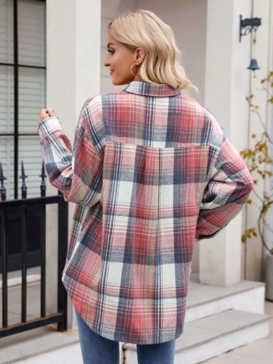 Pocketed Plaid Collared Neck Long Sleeve Shirt - Trendsi - Flyclothing LLC