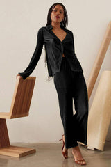 Textured Button Up Collared Neck Top and Pants Set - Trendsi - Flyclothing LLC