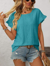 Mandy Eyelet Round Neck Short Sleeve Top - Trendsi - Flyclothing LLC