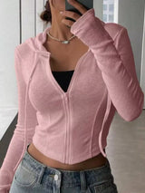 Ribbed Knit Cropped Zip-Up Outerwear - Trendsi - Flyclothing LLC