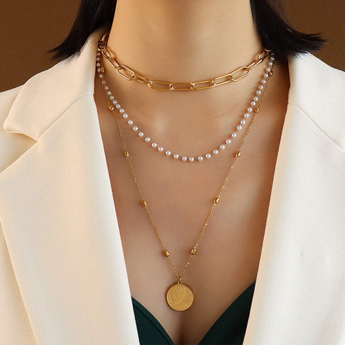 Synthetic Pearl Titanium Steel Three-Layered Necklace - Trendsi - Flyclothing LLC
