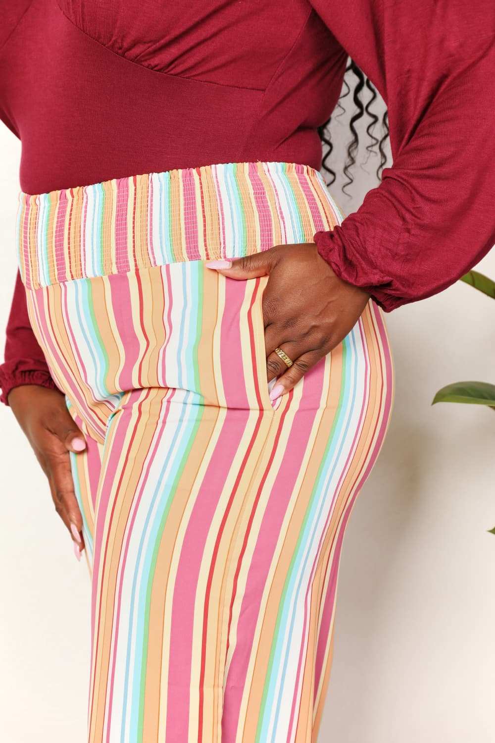Double Take Striped Smocked Waist Pants with Pockets - Trendsi - Flyclothing LLC