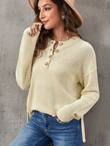 Button Detail Long Sleeve Knit Top - Trendsi - Flyclothing LLC
