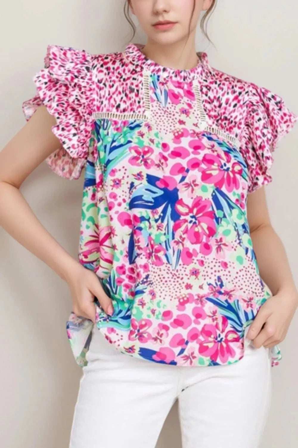 Floral Mixed Print Ruffle Cap Sleeve Blouse - Trendsi - Flyclothing LLC