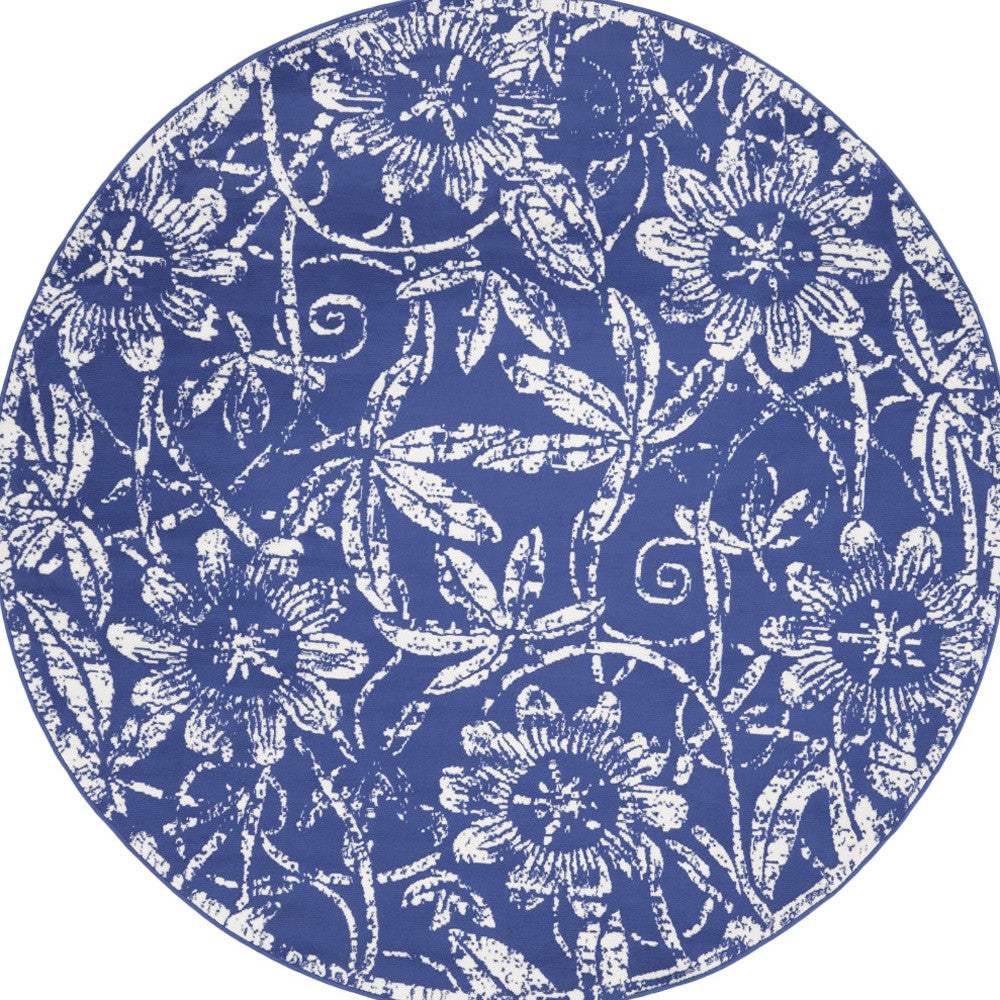 5' Blue And White Floral Distressed Round Rug - HomeRoots - Flyclothing LLC