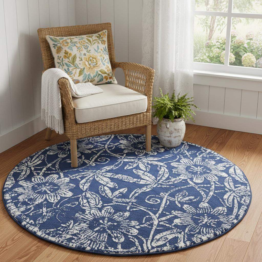 5' Blue And White Floral Distressed Round Rug - HomeRoots - Flyclothing LLC