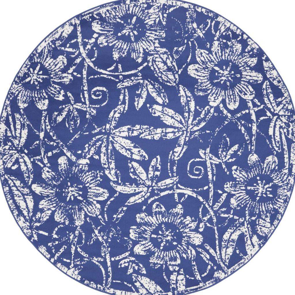 5' Blue And White Floral Distressed Round Rug - HomeRoots - Flyclothing LLC