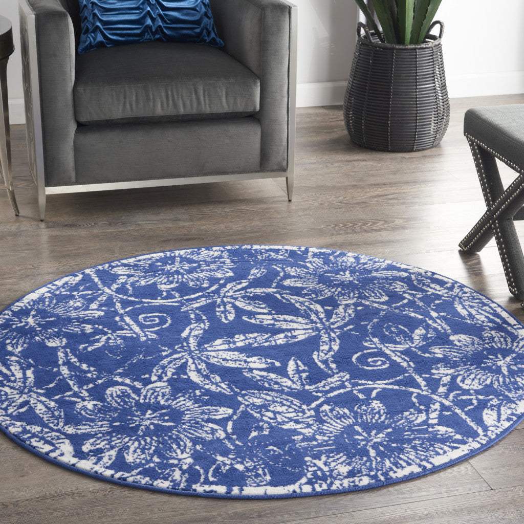 5' Blue And White Floral Distressed Round Rug - HomeRoots - Flyclothing LLC