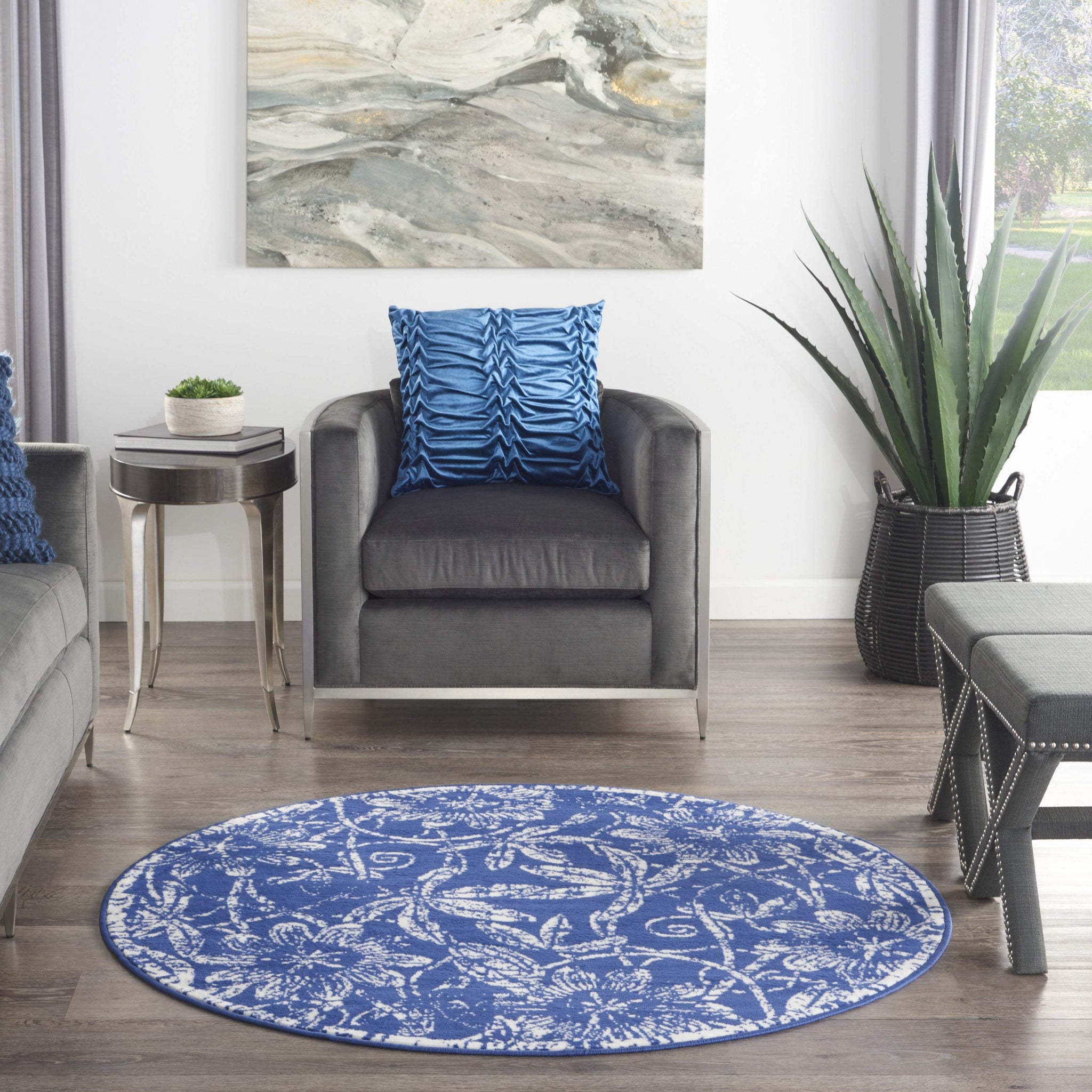5' Blue And White Floral Distressed Round Rug - HomeRoots - Flyclothing LLC