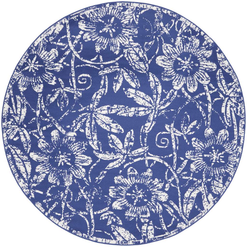 5' Blue And White Floral Distressed Round Rug - HomeRoots - Flyclothing LLC