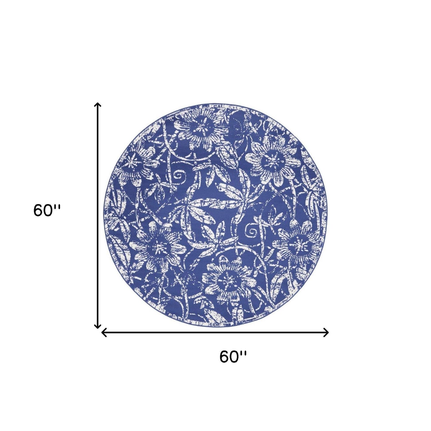 5' Blue And White Floral Distressed Round Rug - HomeRoots - Flyclothing LLC