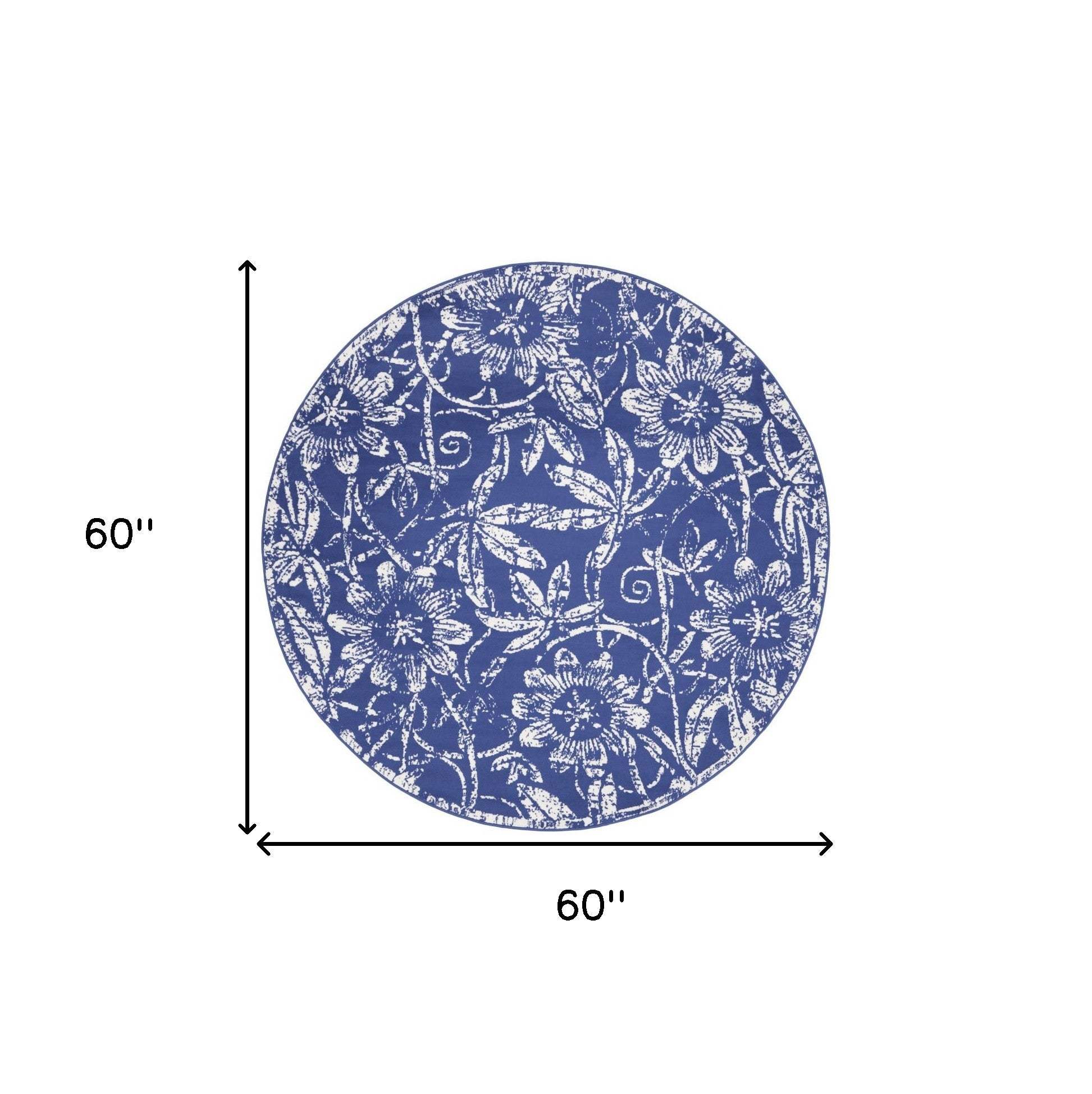 5' Blue And White Floral Distressed Round Rug - HomeRoots - Flyclothing LLC