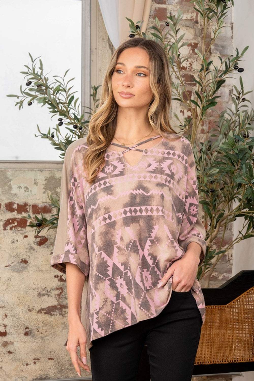Sew In Love Full Size Aztec Distress Print Half Sleeve Crisscross Top - Trendsi - Flyclothing LLC