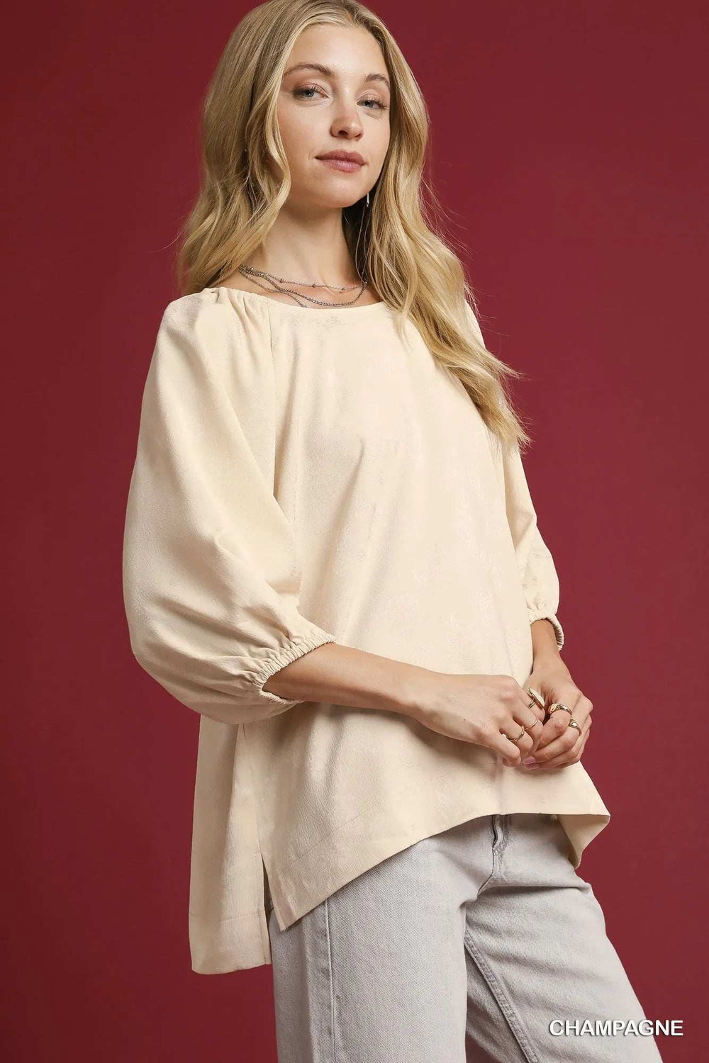 Umgee Satin Jacquard Balloon Sleeve Blouse - Trendsi - Flyclothing LLC