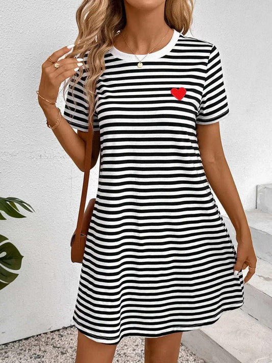Striped Round Neck Short Sleeve Dress - Trendsi - Flyclothing LLC