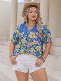 Plus Size Printed Notched Short Sleeve Blouse - Trendsi - Flyclothing LLC
