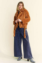 Davi & Dani Fuzzy Zip Up Collared Neck Jacket - Trendsi - Flyclothing LLC