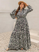 Plus Size Floral Print Long Sleeve Tiered Maxi Dress - Trendsi - Flyclothing LLC