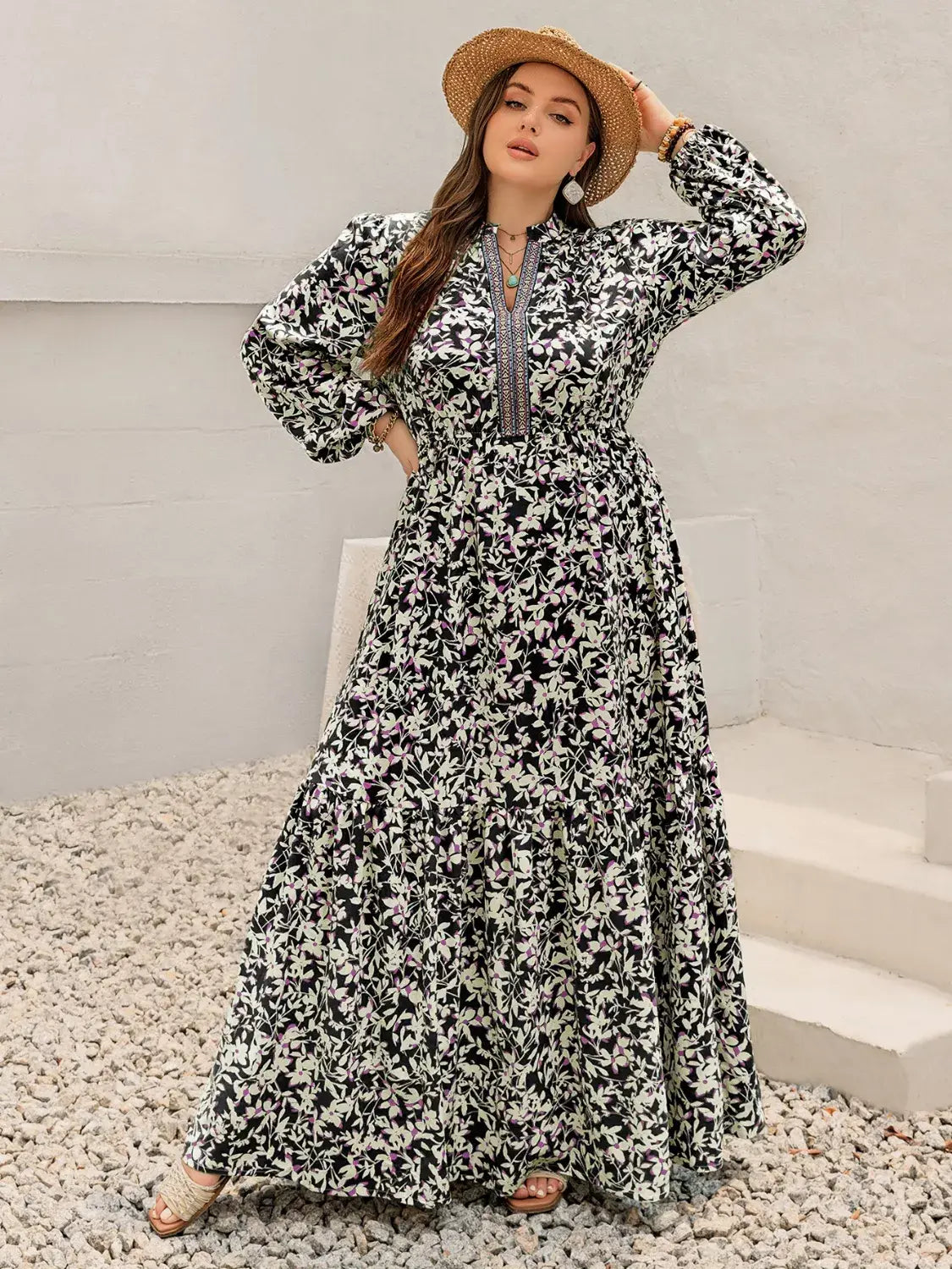 Plus Size Floral Print Long Sleeve Tiered Maxi Dress - Trendsi - Flyclothing LLC