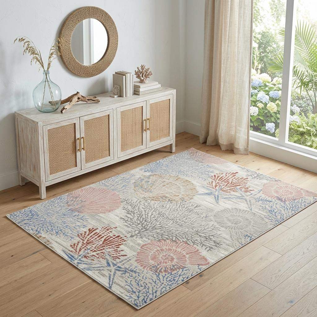4' X 6' Blue Blush And Gray Seashell and Coral Area Rug - HomeRoots - Flyclothing LLC