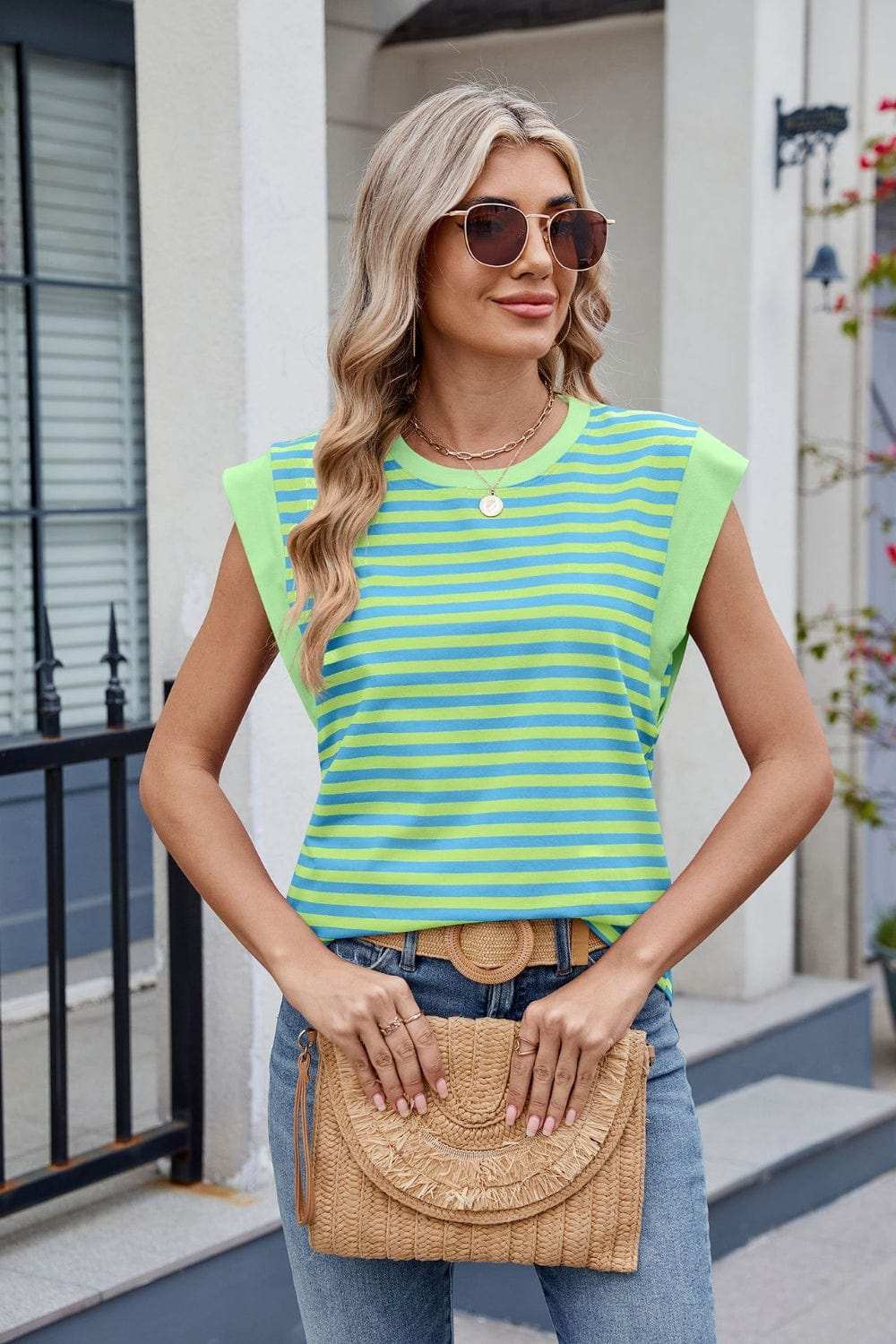 Contrast Striped Round Neck T-Shirt - Trendsi - Flyclothing LLC