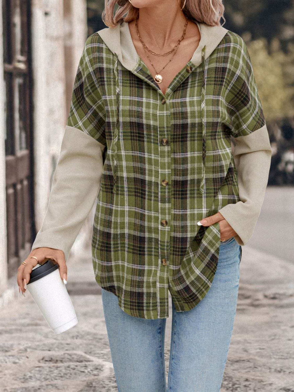 Perfee Drawstring Plaid Long Sleeve Hooded Shirt - Trendsi - Flyclothing LLC