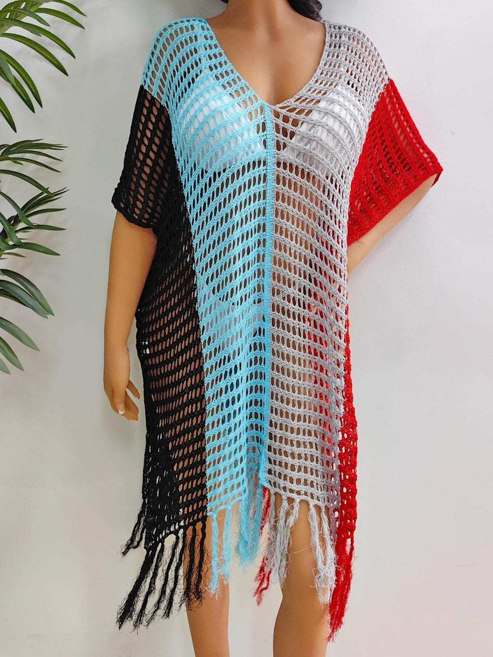 Fringe Color Block Scoop Neck Cover Up - Trendsi - Flyclothing LLC