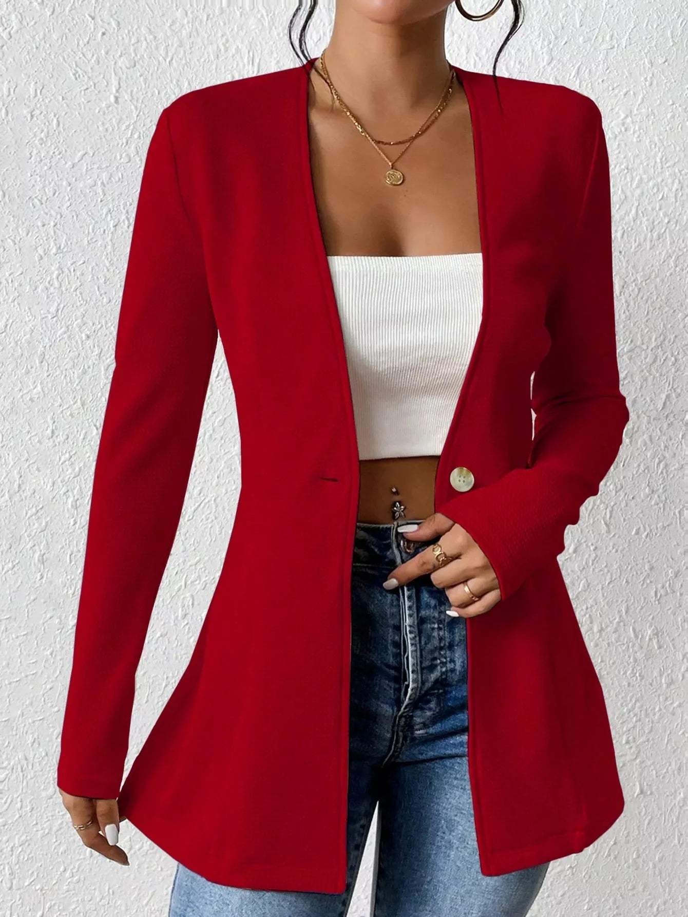One Button Long Sleeve Blazer - Trendsi - Flyclothing LLC