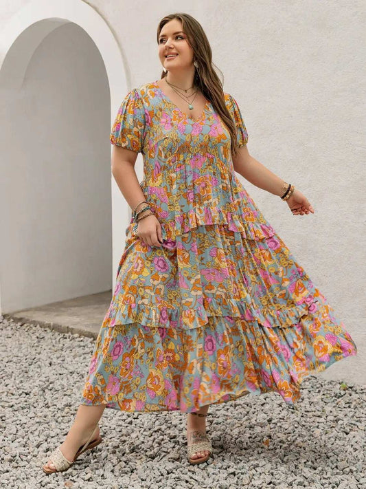 Plus Size Printed V-Neck Short Sleeve Maxi Dress - Trendsi - Flyclothing LLC