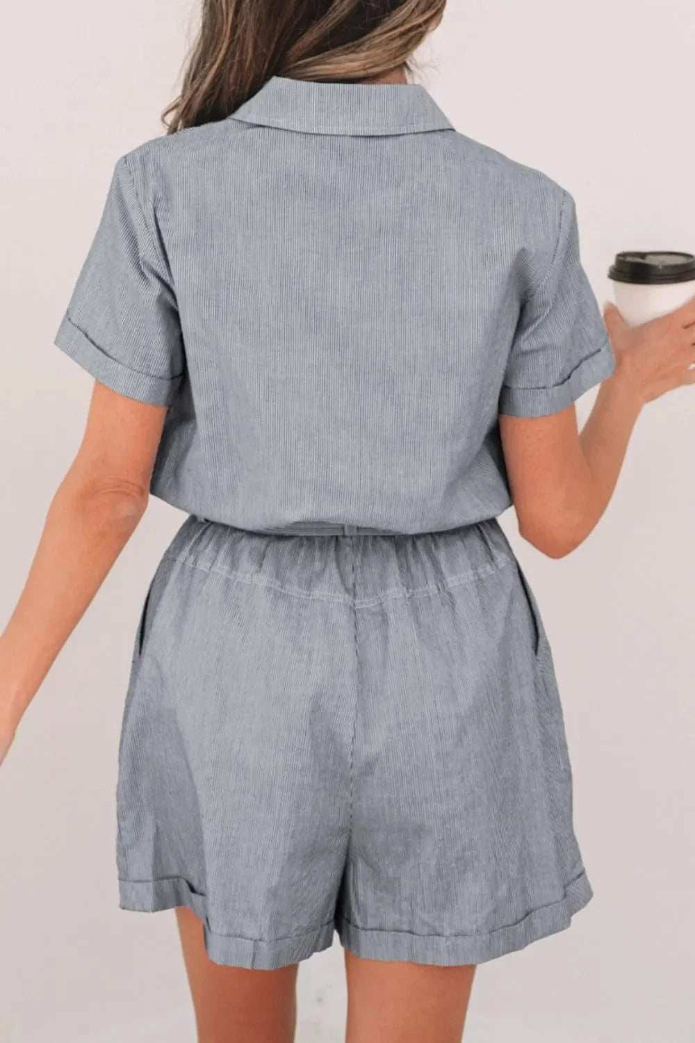 Stripe Chest Pockets Tie Waist Romper - Trendsi - Flyclothing LLC