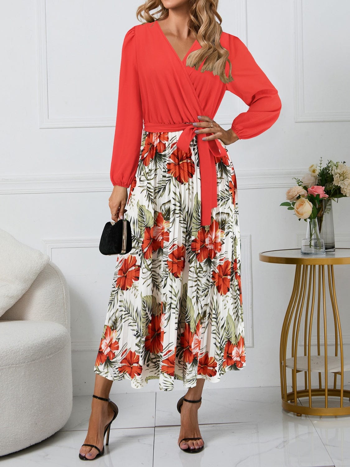 Pleated Printed Surplice Long Sleeve Dress - Trendsi