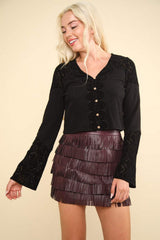 VERY J V-Neck Lace Detail Button Down Crop Ribbed Knit Top - Trendsi - Flyclothing LLC