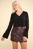 VERY J V-Neck Lace Detail Button Down Crop Ribbed Knit Top - Trendsi