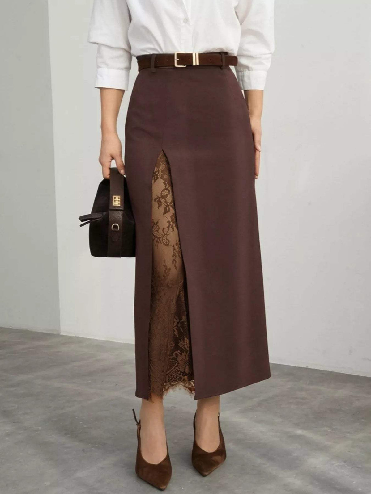 Elegant Lace-Trimmed Slit A-Line Skirt - Trendsi - Flyclothing LLC
