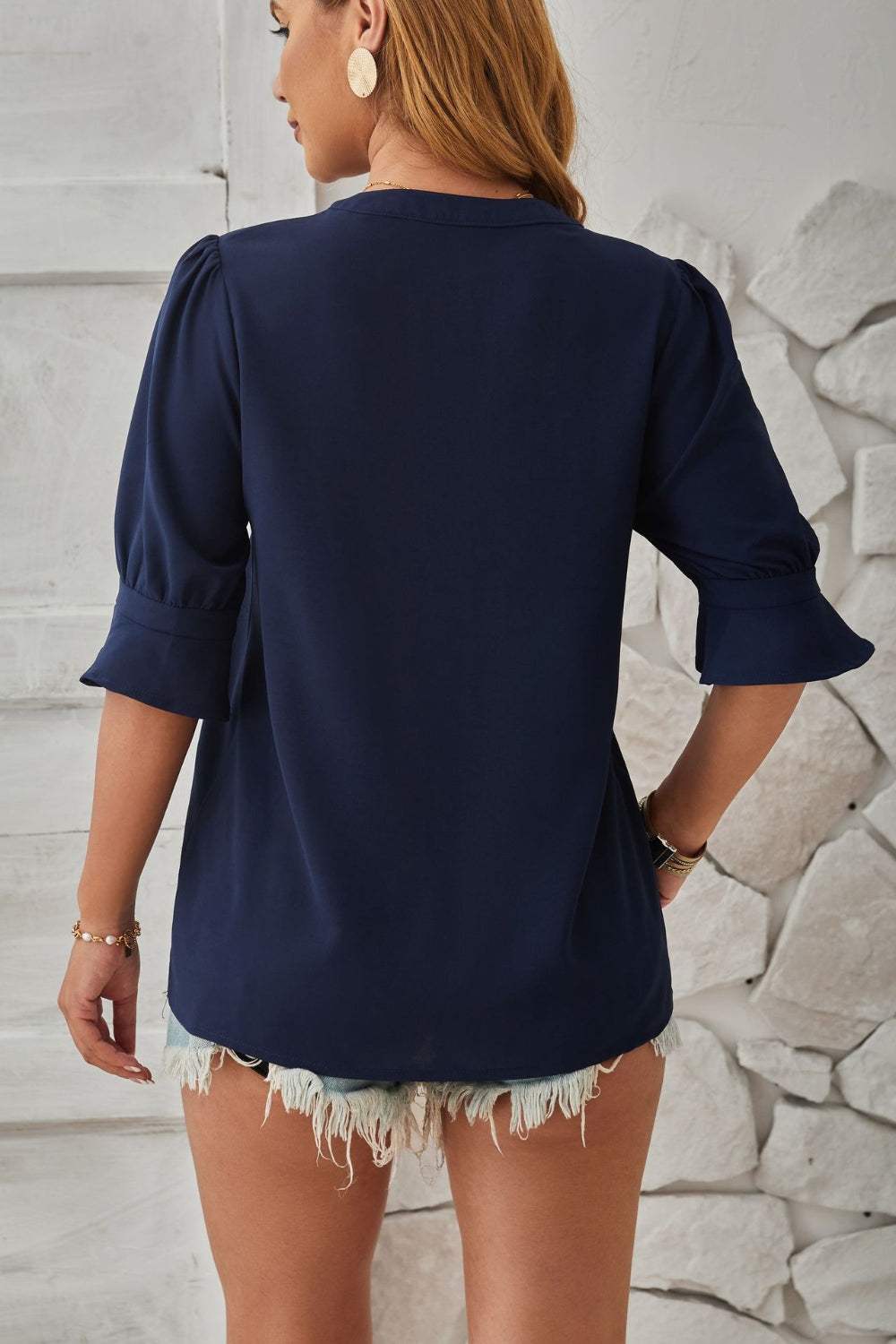 Notched Half Sleeve Blouse - Trendsi - Flyclothing LLC