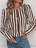Perfee Striped Round Neck Long Sleeve Blouse - Trendsi