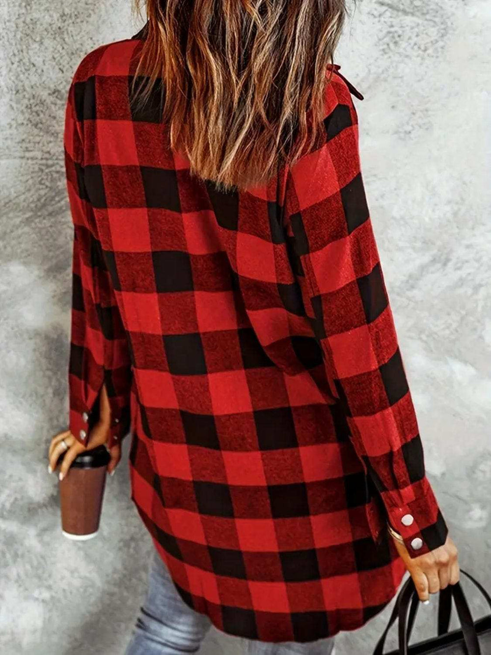 Plaid Collared Neck Snap Down Long Sleeve Jacket - Trendsi - Flyclothing LLC