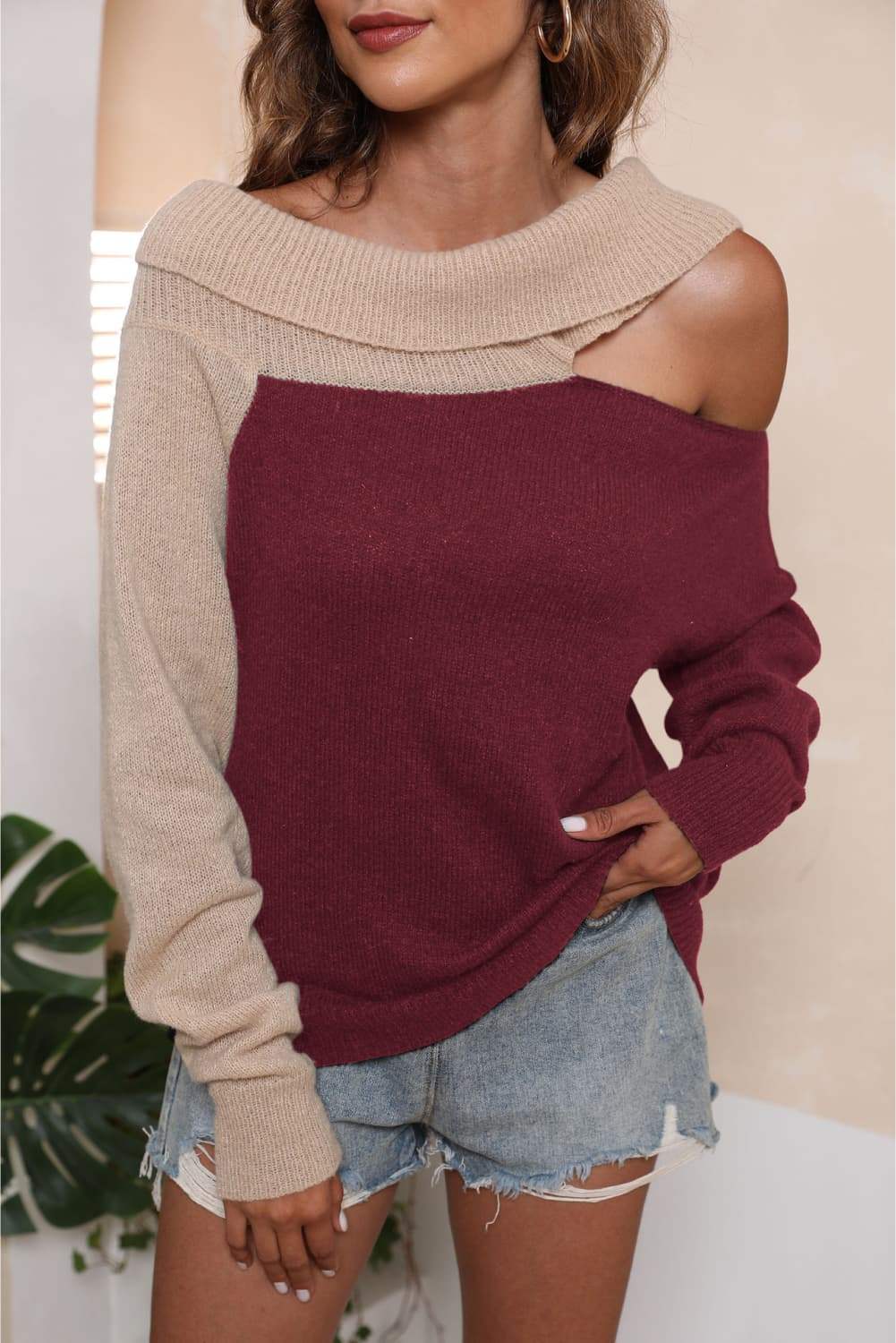Asymmetrical Long Sleeve Two-Tone Cutout Sweater - Trendsi - Flyclothing LLC