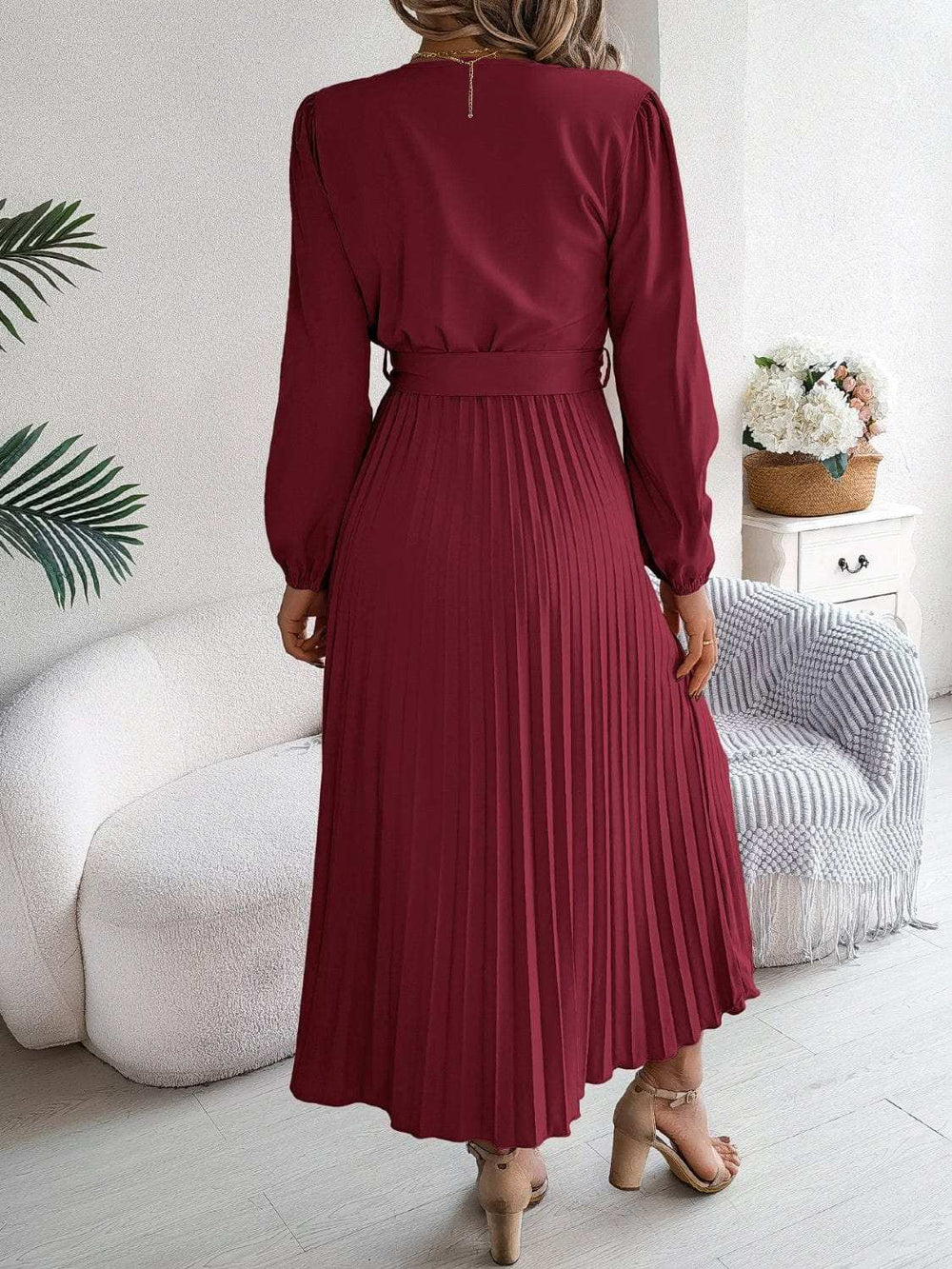 Pleated Tied V-Neck Long Sleeve Dress - Trendsi - Flyclothing LLC